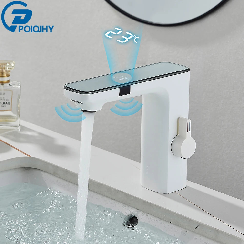 Touchless White Sensor Basin Faucet with Digital Temperature Display – Hot & Cold Mixer Tap for Bathroom Vanity