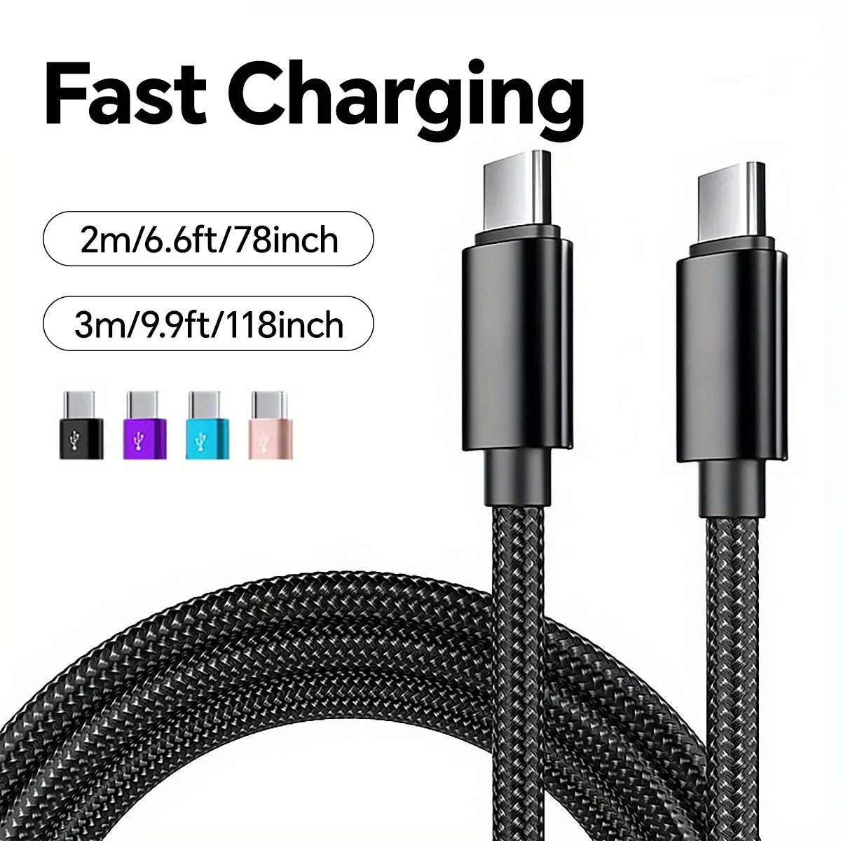66W 5A Nylon USB-C to USB-C Fast Charging Cable — 1m/3.3ft, 2m/6.6ft, 3m/9.8ft | Braided PD Quick Charge for USB-C Devices