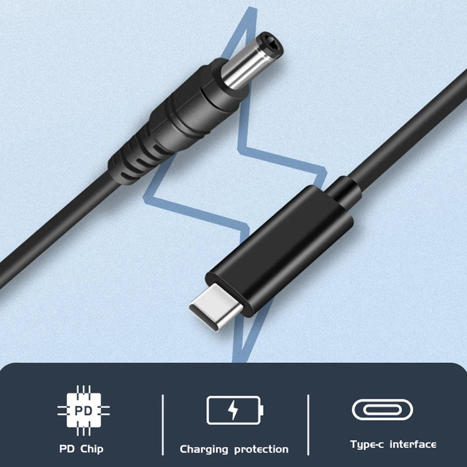 USB-C PD to 12V DC Adapter Cable — Type-C to 5.5×2.1mm with 8 Interchangeable DC Tips, 1.5m (4.9ft) Power Cable for Routers, Mini Fans, Speakers, IP Cameras