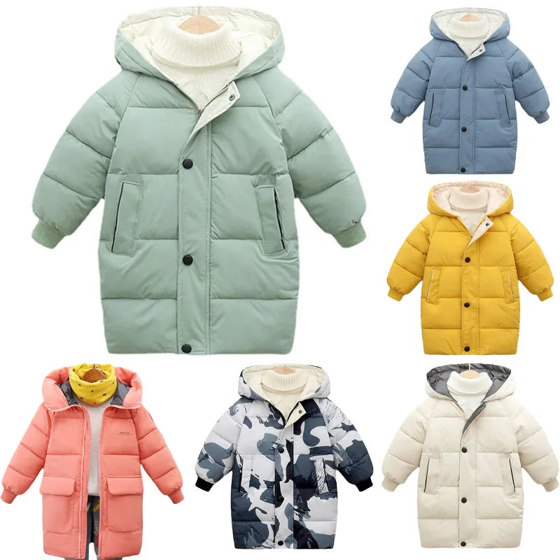 Kids Hooded Long Down Parka Coat - Warm Zippered Winter Jacket for Boys & Girls