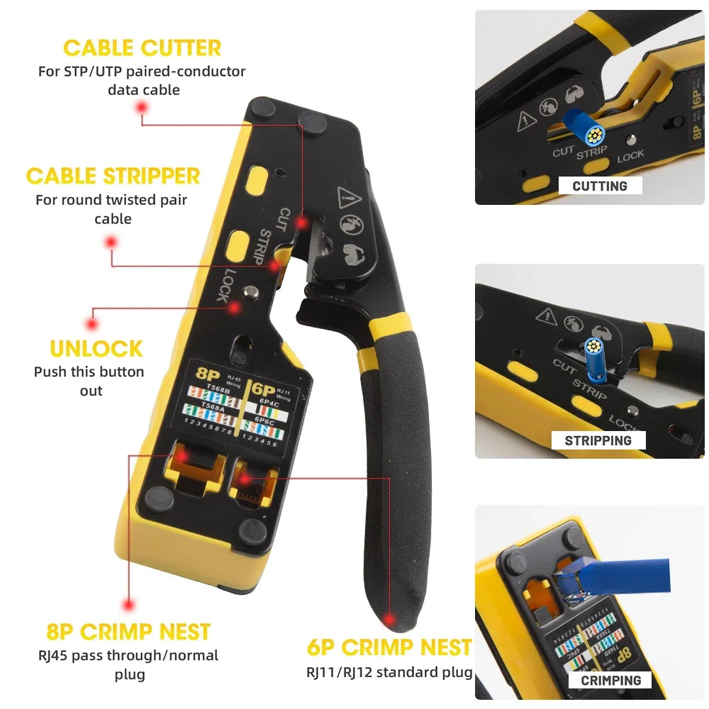 Through-Hole Wire Crimper 8P/6P Dual-Use Punch-Down Pliers for RJ45 & RJ11 Modular Plugs