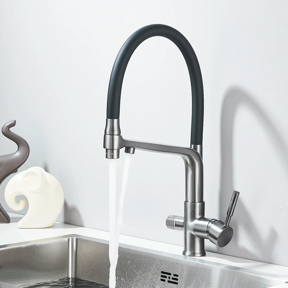 Brass Kitchen Water Filter Faucet Dual-Spout Mixer – 360° Swivel Filtered Drinking Tap, Hot & Cold