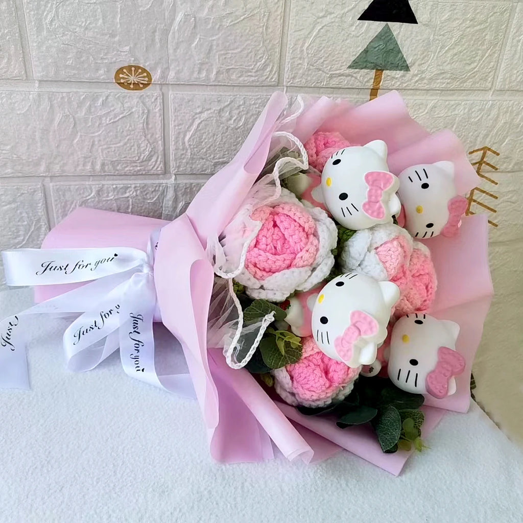 Kawaii Cat Plush Bouquet with Soap Rose Flowers — Cute Valentine's Day, Birthday & Graduation Gift
