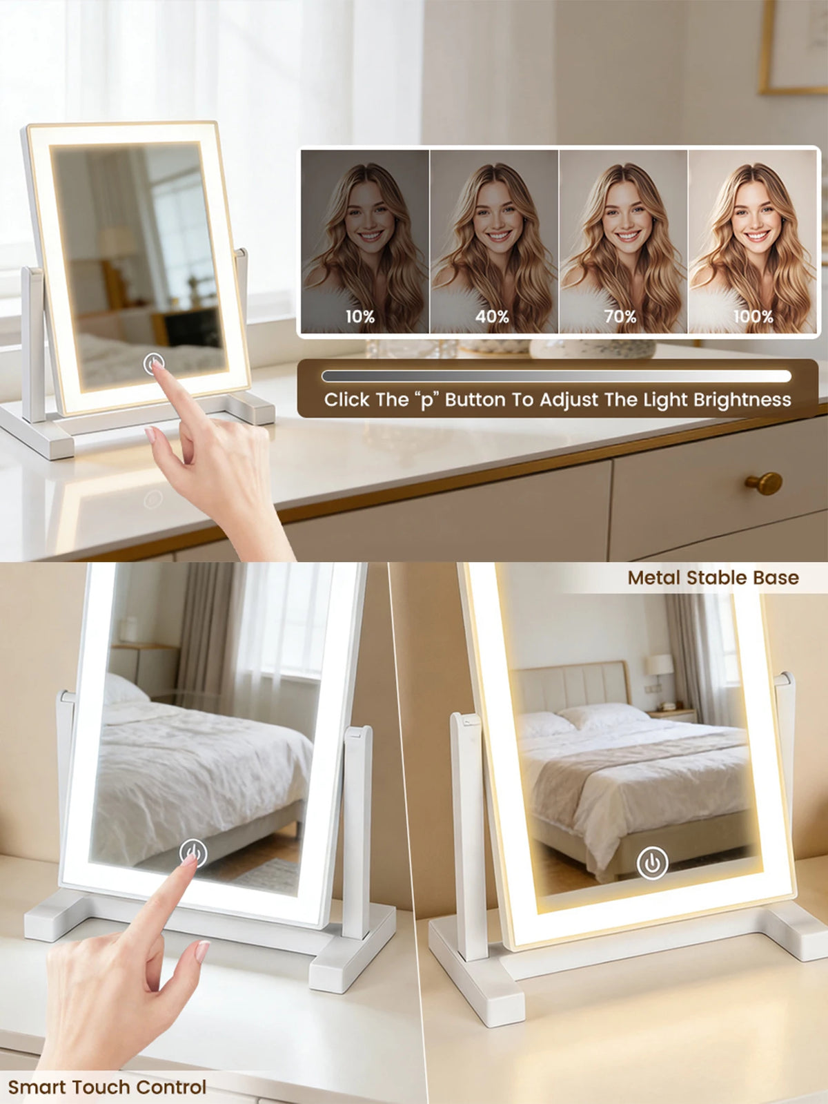 LED Vanity Makeup Mirror with 3-Color LED Lights, Touch Control & 360° Rotation