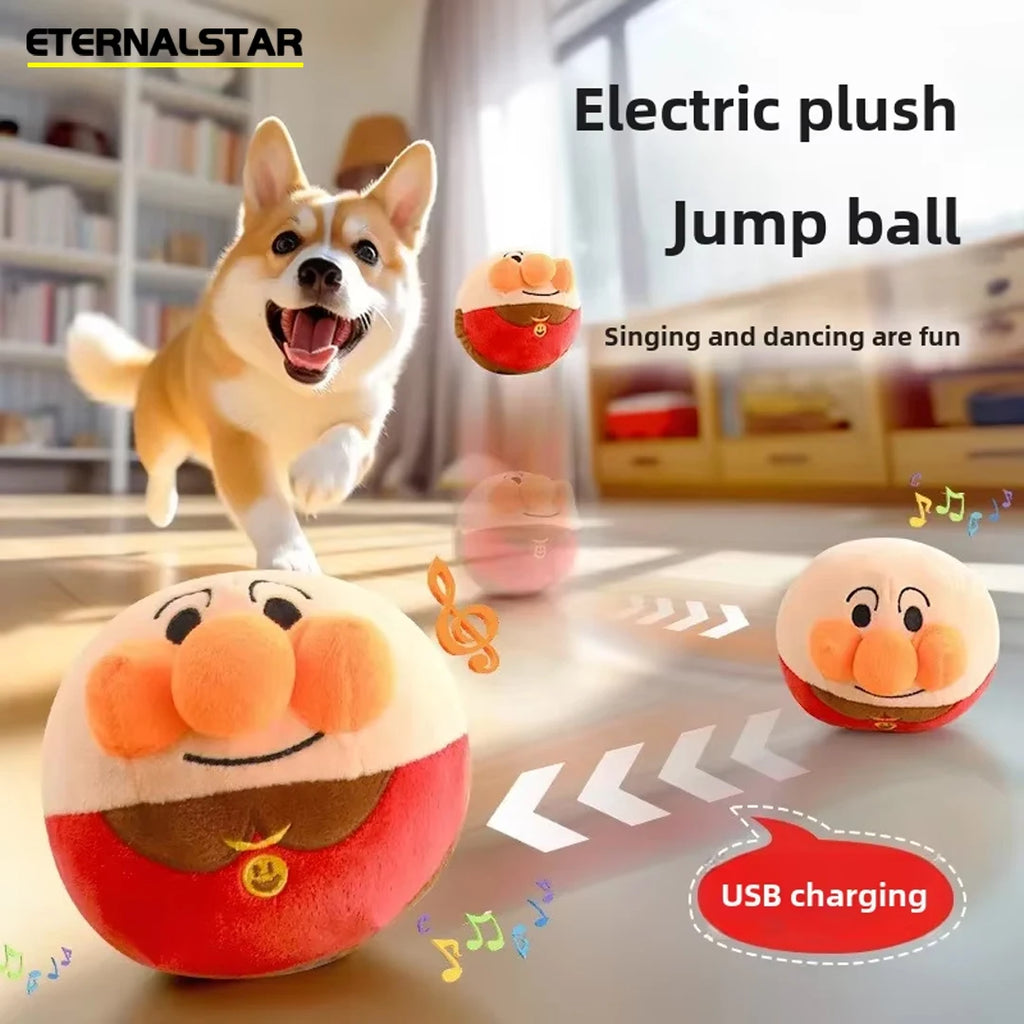 USB Rechargeable Interactive Plush Dog Toy - Electric Jumping Puzzle Ball with Music, Cartoon Clown Pig
