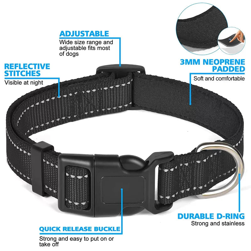 Reflective Adjustable Nylon Dog & Cat Collar — Padded Anti-Choke, Anti-Slip with Quick-Release Buckle (L: 40–60 cm / 15.7–23.6 in; XL: 45–70 cm / 17.7–27.6 in)