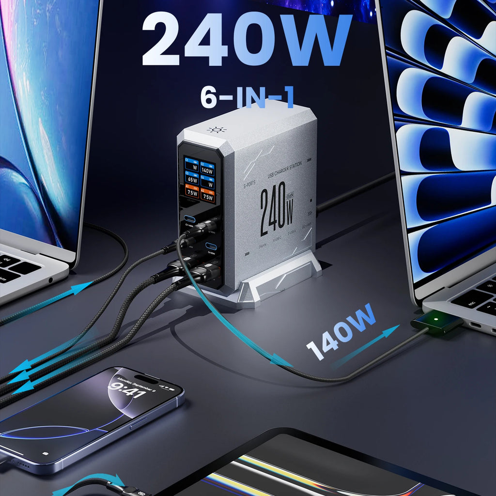 240W GaN 6-Port Fast Charger PD 3.1 - 140W USB-C PD PPS Desktop Charging Station (4 USB-C, 2 USB-A) for Laptops, Phones & Tablets