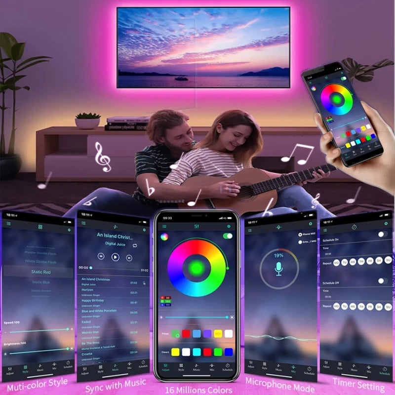 USB 5V RGB LED Strip 5050 SMD Smart Bluetooth & Wi‑Fi LED Tape, Alexa/Google Compatible — 1m to 30m USB RGB Backlight