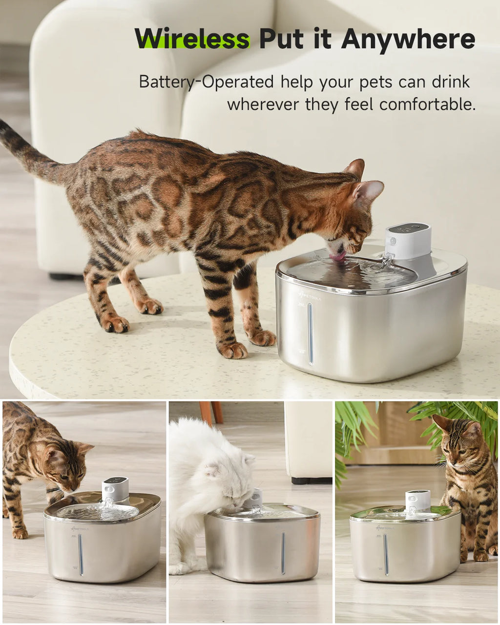 Wireless 4L (135 fl oz) Cat & Dog Water Fountain — USB-C Rechargeable Auto-Sensor Stainless Steel Pet Water Dispenser