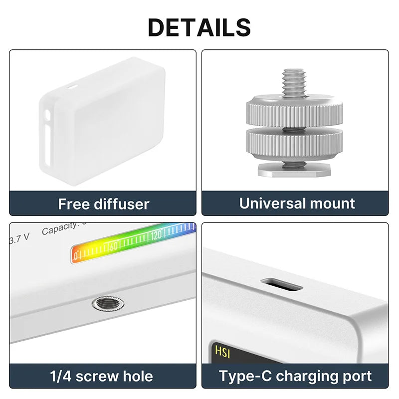 Full-Color RGB + White LED Video Light 2500K–8500K Dimmable for Camera, Vlog & Live Streaming — USB-C Rechargeable Portable Fill Light