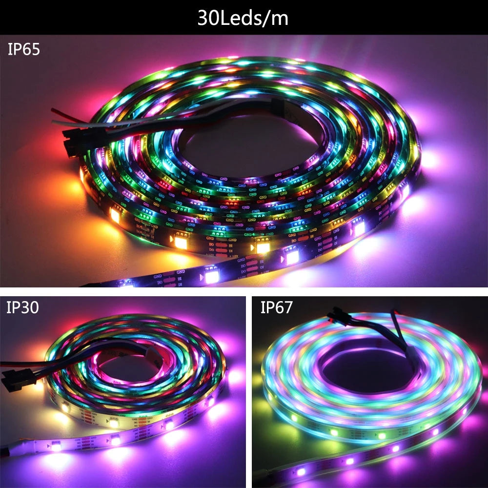 5050 RGBIC Individually Addressable LED Strip — 30/60/144 LEDs per Meter, DC 5V/12V, IP30/IP65/IP67 Waterproof Options