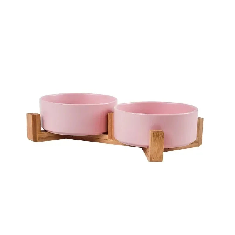 Elevated Ceramic Pet Bowl with Bamboo Wood Stand – 300ml (11cm/4.3 in) & 400ml (13cm/5.1 in) Dog & Cat Feeding Bowl