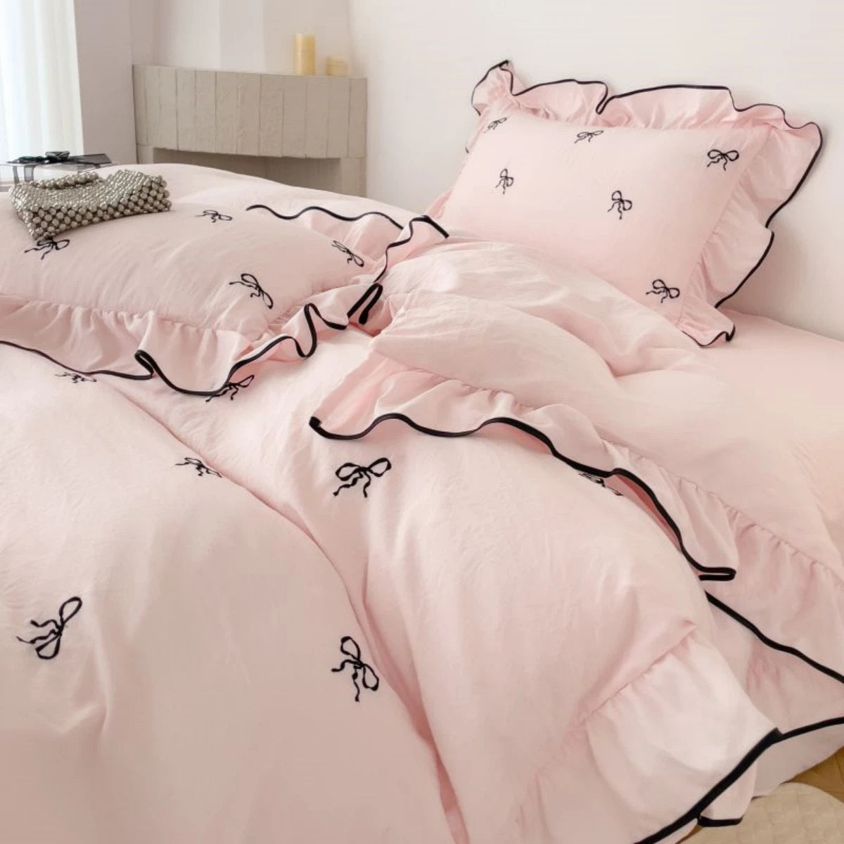 Floral Embroidered Duvet Cover Set 3-Piece (1 Duvet Cover + 2 Pillowcases) - Twill Polyester - Multiple Sizes - White, Pink, Black