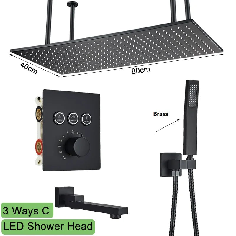 Big Black Thermostatic Ceiling-Mounted Rainfall Shower System with Hand Shower – Thermostatic Mixer Tap, 150 cm (59 in) Hose, 400+ mm (15.7+ in) Rain Head