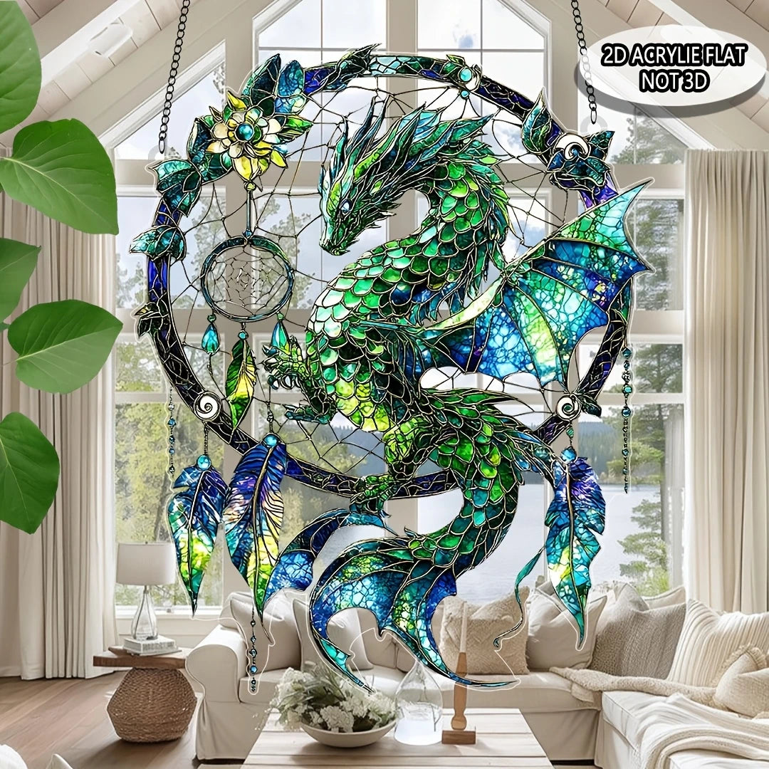 Fantasy Dragon Acrylic Sun Catcher – Green & Red 2D Hanging Window and Door Dreamcatcher Home Decor Gift