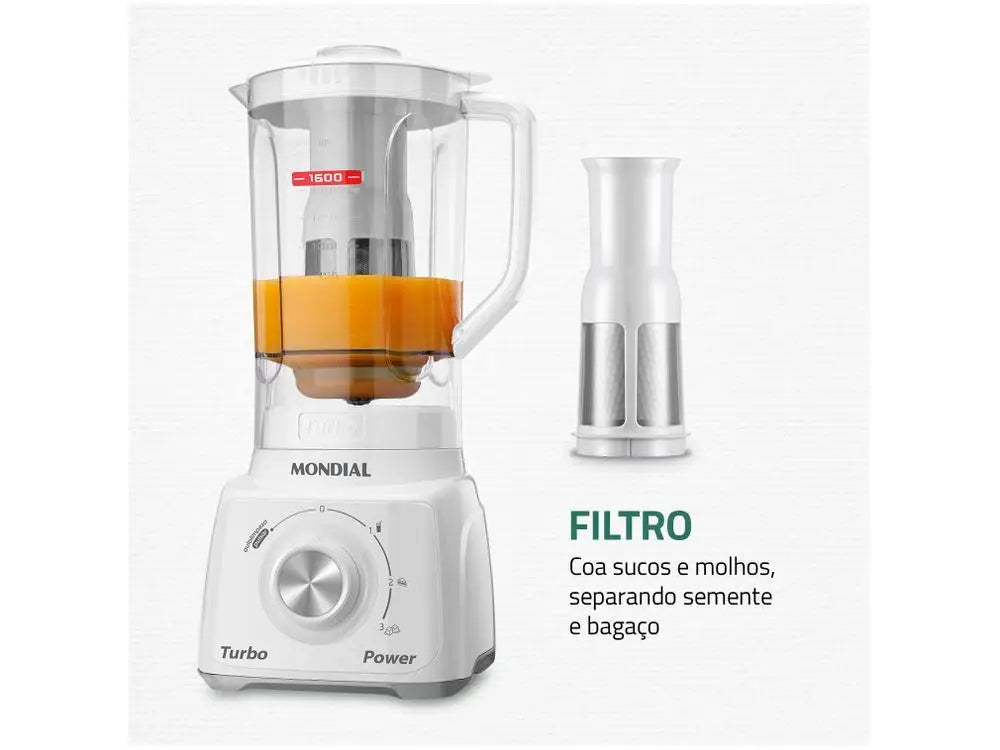 Turbo Power 500W Countertop Blender with Filter — 2.2L (74 fl oz) Jar, 3 Speeds + Pulse, White & Gray, 110V