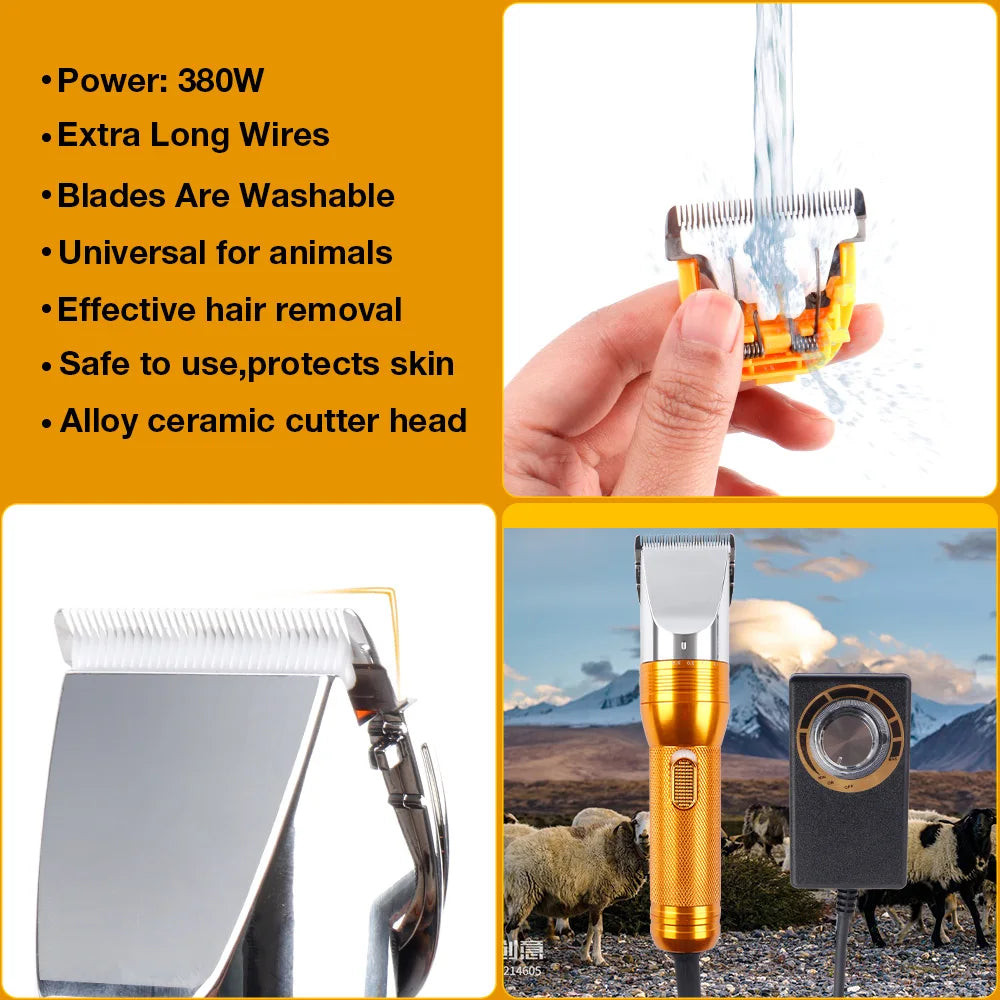 380W Electric Goat & Pet Shearer — 12V Motor Wool and Hair Trimmer, Adjustable 0.8–2.3mm (0.03–0.09in), Includes 4 Guide Combs