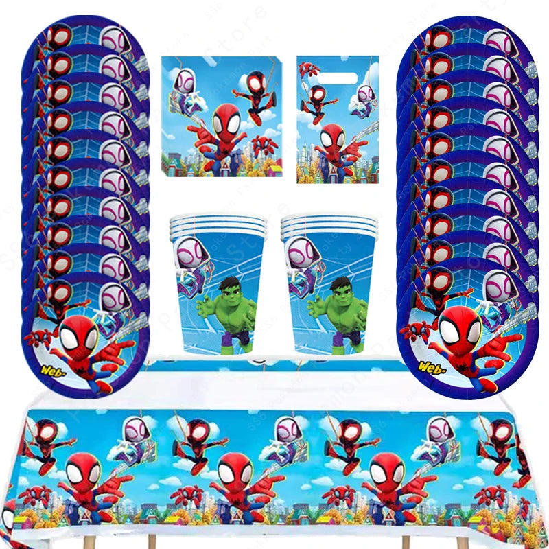Spiderman Kids Birthday Party Supplies - Disposable Tableware Set with Plates, Cups, Napkins & Favor Bags