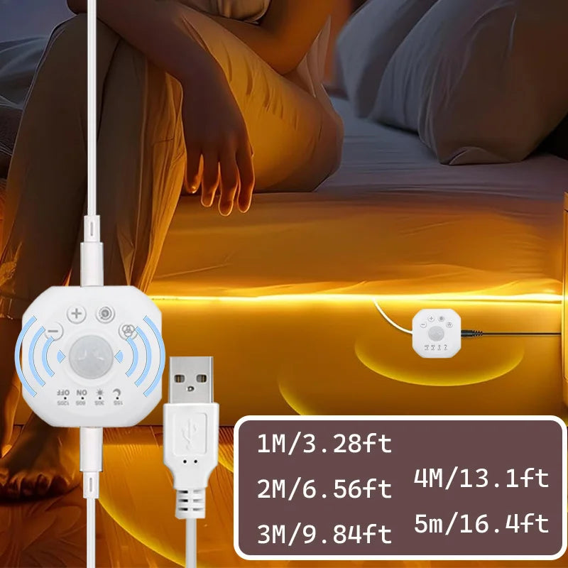USB 5V Motion Sensor LED Strip Light – Chase Effect, 1–5 m (3.3–16.4 ft) Motion-Activated Under-Cabinet, Stair & Under-Bed Lighting