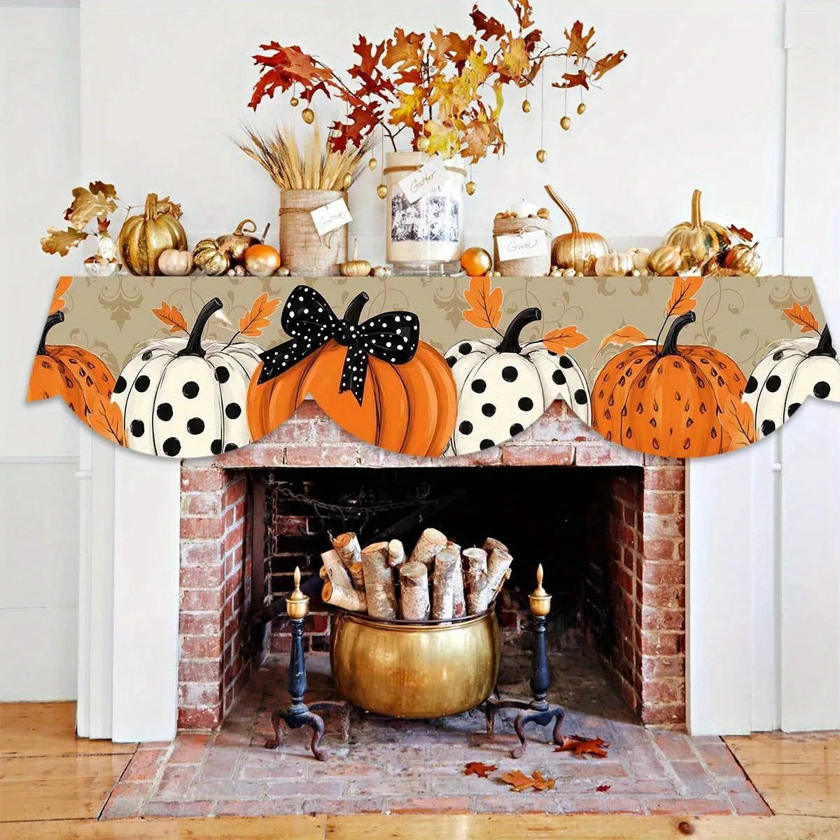 Golden Pumpkin Table Runner - Black & White Polka Dot Fireplace Scarf, Autumn Home Decor