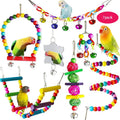7-Piece Wooden Parrot Toy Set - Bird Cage Accessories: Swing, Ladder, Bridge and Bells