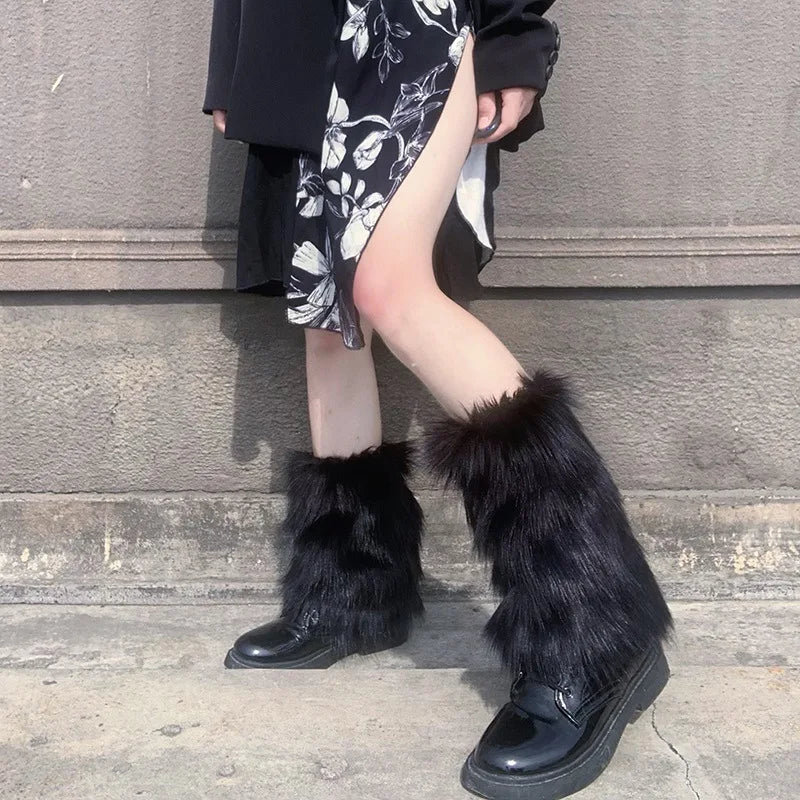 White Faux Fur Leg Warmers Y2K Goth Knee-High Boot Covers