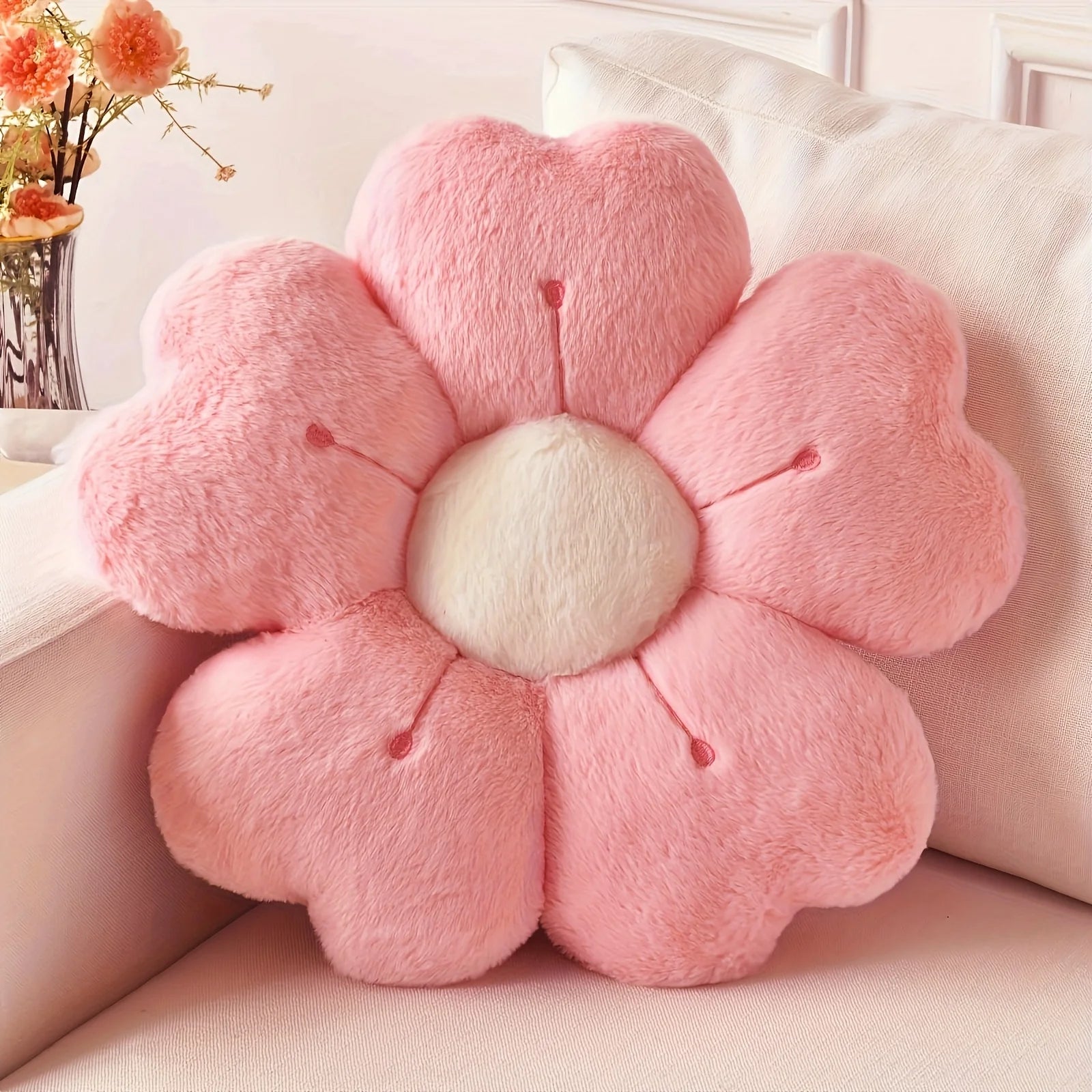 Plush Daisy Throw Pillow - Soft Decorative Cushion for Bed & Sofa, White/Pink Floral