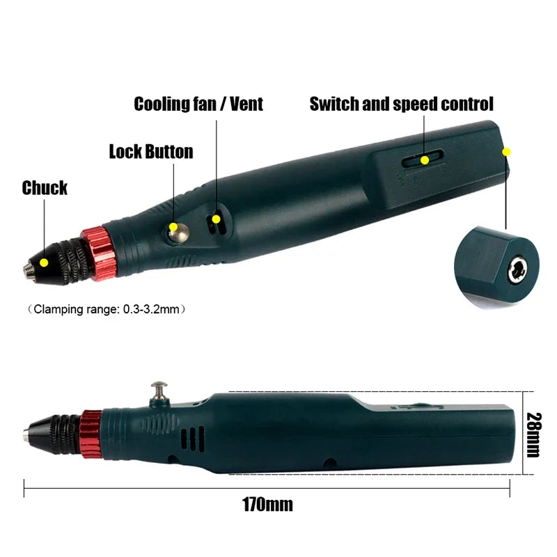 12V 24W Mini Electric Rotary Tool 2000-18000 RPM Handheld Drill Grinder with Precision Chuck