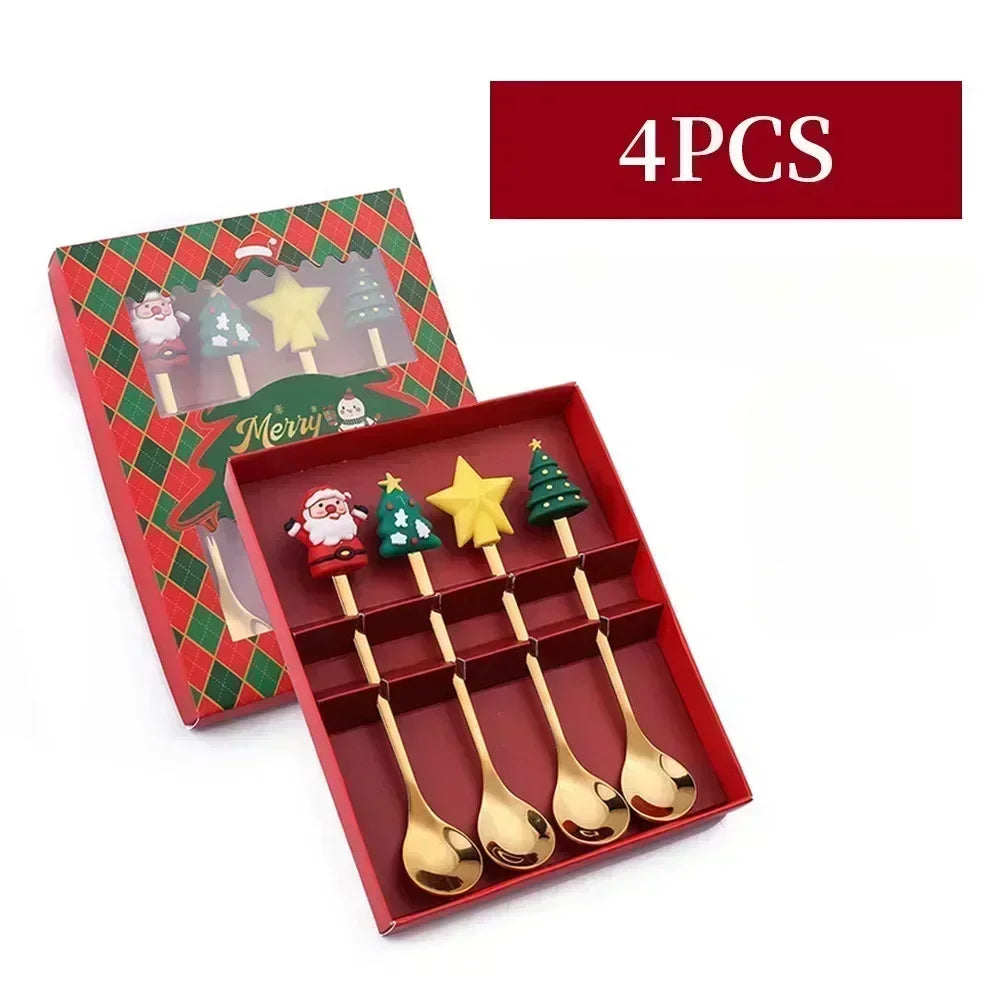 4-Piece Stainless Steel Christmas Cutlery Set – Spoon & Fork Holiday Table Decor with Elk & Tree Ornaments