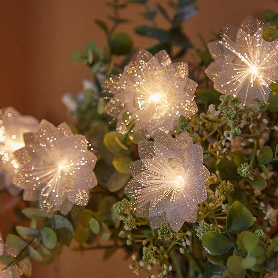 LED Flower Fiber String Lights — Warm White or Colored, 2m (6.6 ft, 10 LEDs) & 3m (9.8 ft, 20 LEDs) Battery-Powered Wedding & Christmas Home Decor