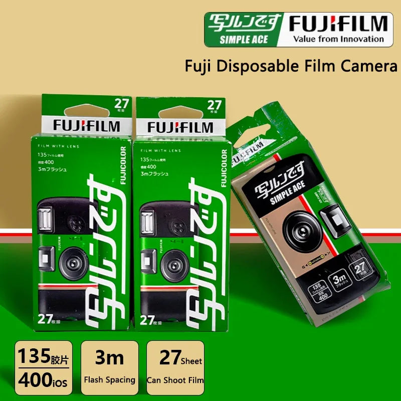 Single-Use Disposable Film Camera with Built-In Flash — 27 Exposures, ISO 400, 32mm Lens