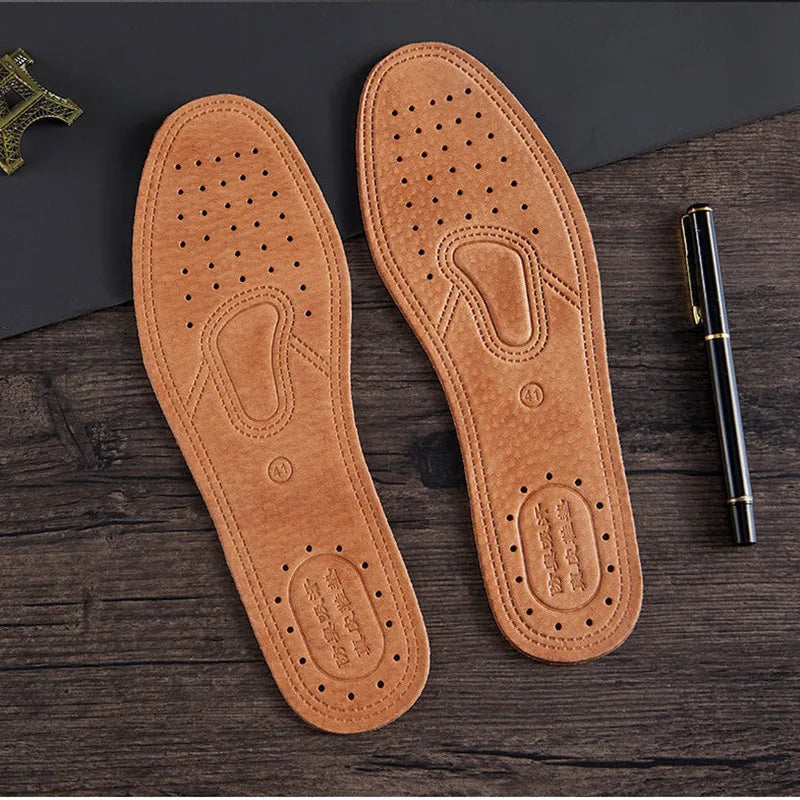 Genuine Cowhide Leather Insoles for Men - Breathable Anti-Slip Shock-Absorbing Shoe Inserts (EU35-46 / 225-280 mm)
