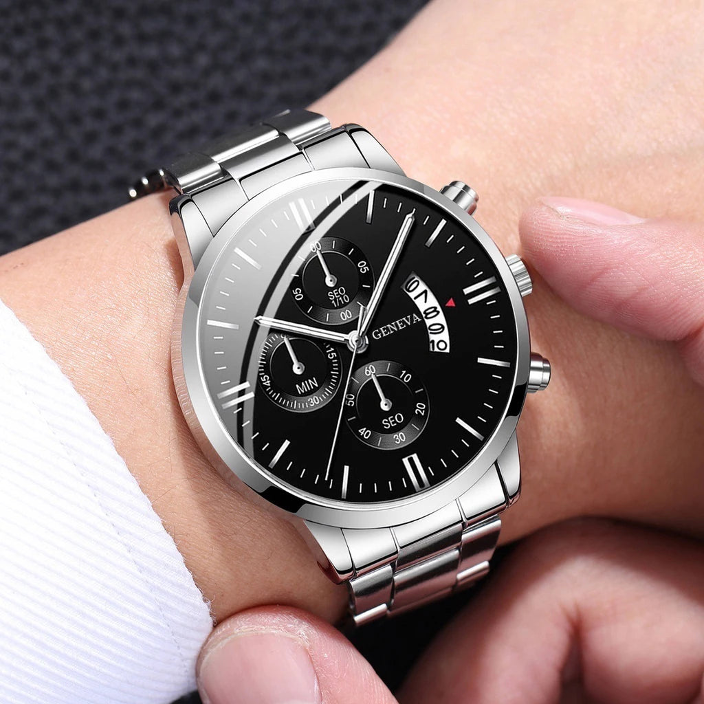 2-Piece Men's Business Quartz Watch and Bracelet Set - Alloy Steel Band, Calendar, Folding Clasp
