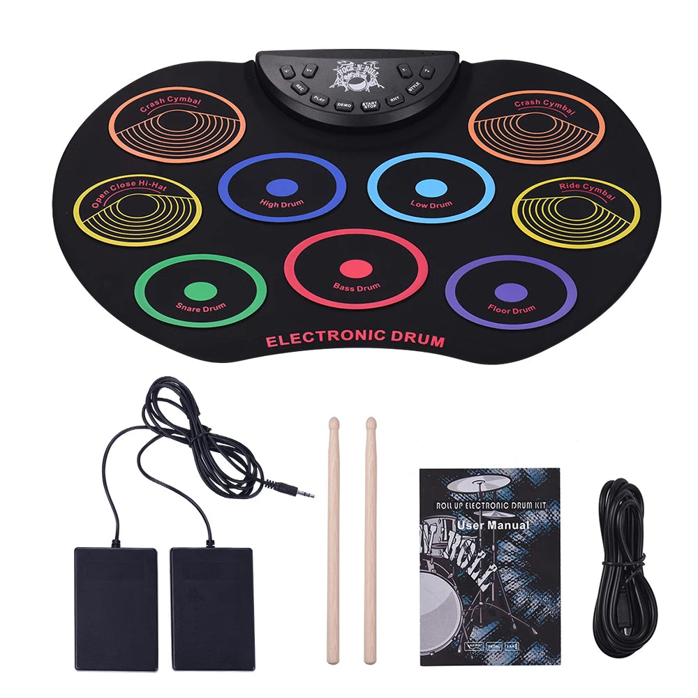 Portable Roll-Up Electronic Drum Kit - 9 Silicone Pads USB/Battery Powered with Drumsticks & Foot Pedal