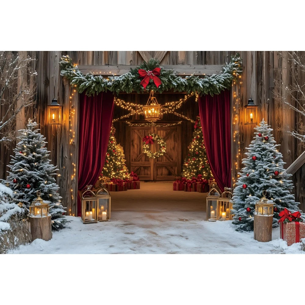 Christmas Photography Backdrop - Red Curtain & Window Scene with Snowy Bear and Gifts for Kids & Family Portraits
