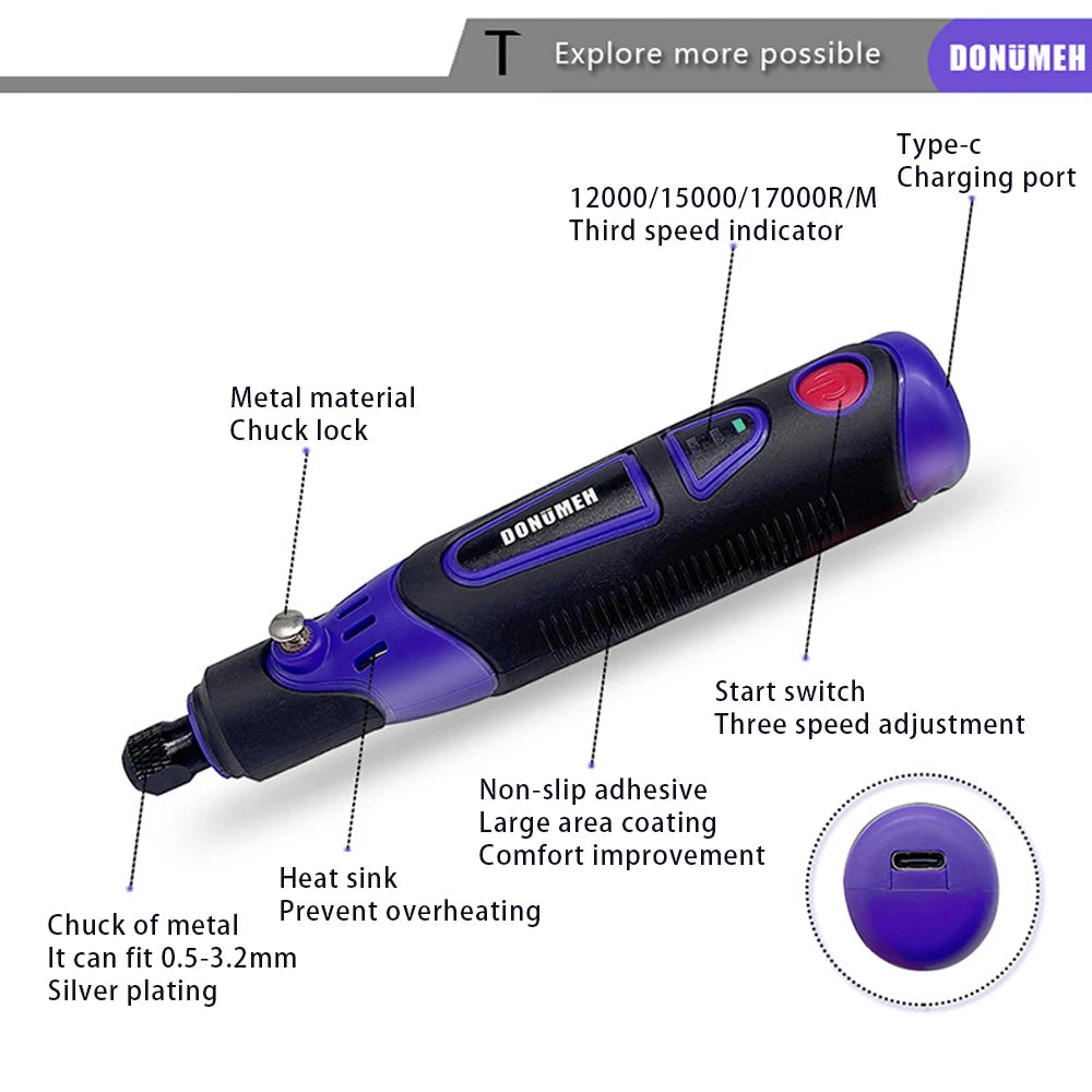 Mini Cordless Rotary Tool 3-Speed USB Type-C Grinder & Engraving Pen Set – Portable Electric DIY Drill with Accessories