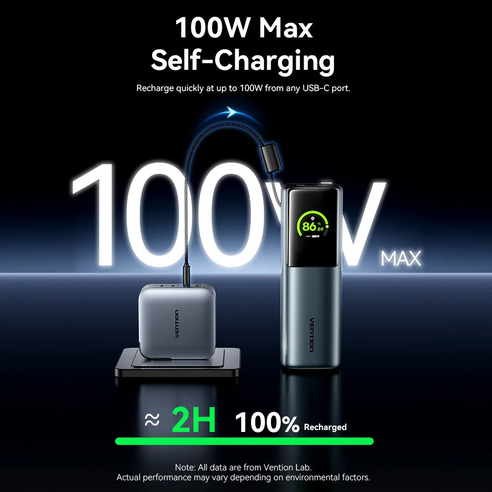 200W 27000mAh Power Bank PD Fast Charger with Built-in USB-C Cable - Portable Laptop External Battery (USB-A/USB-C)