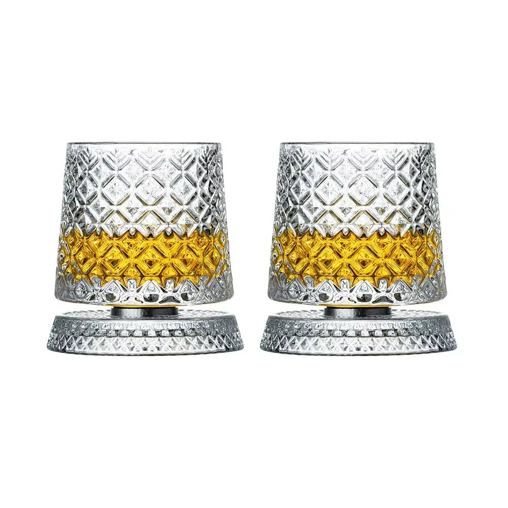 2-Pack 360° Rotating Whiskey Glasses with Glass Base – Crystal Cocktail & Rum Tumblers