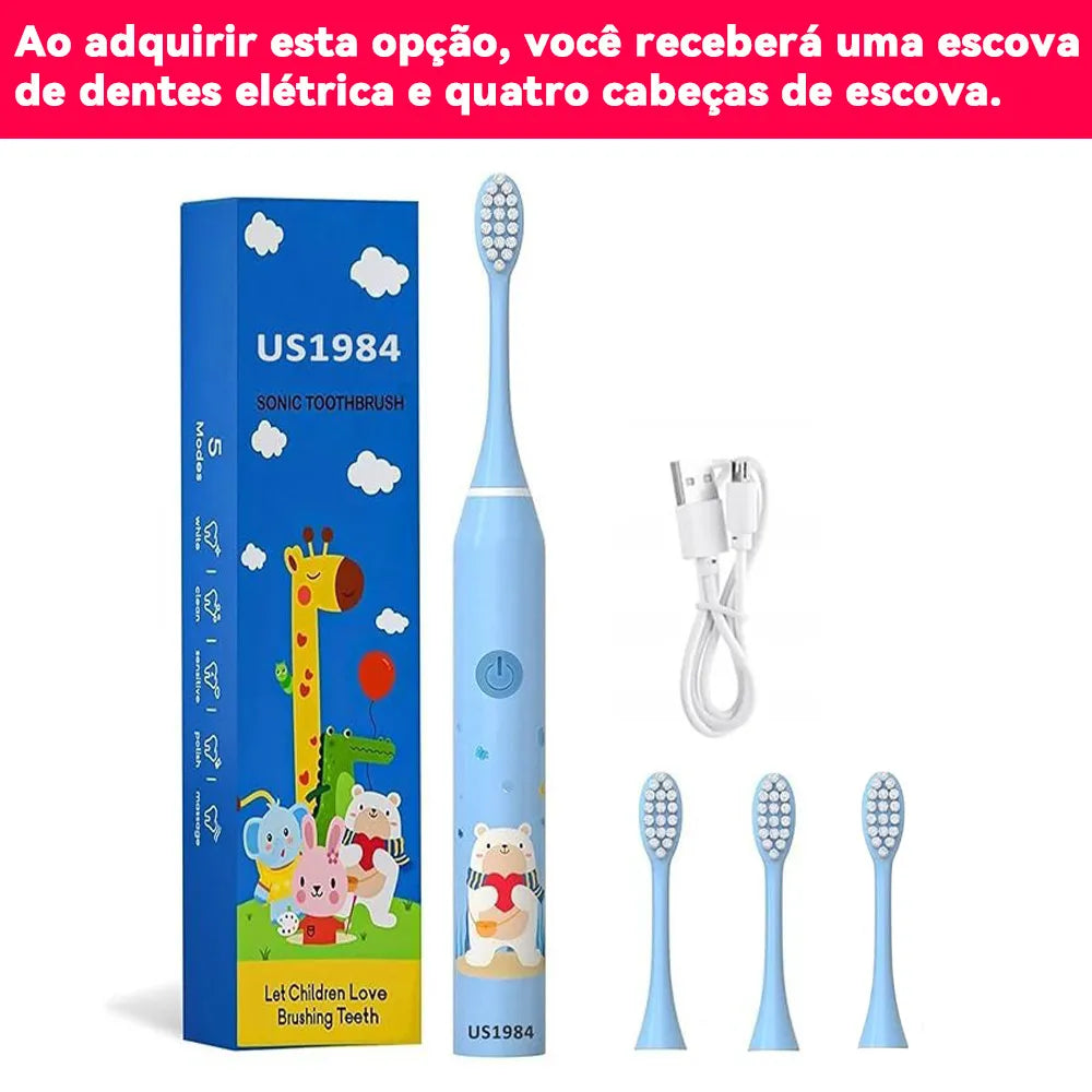 Rechargeable Sonic Electric Toothbrush for Kids - 4 Replacement Heads, Soft Bristles, Ages 3-12