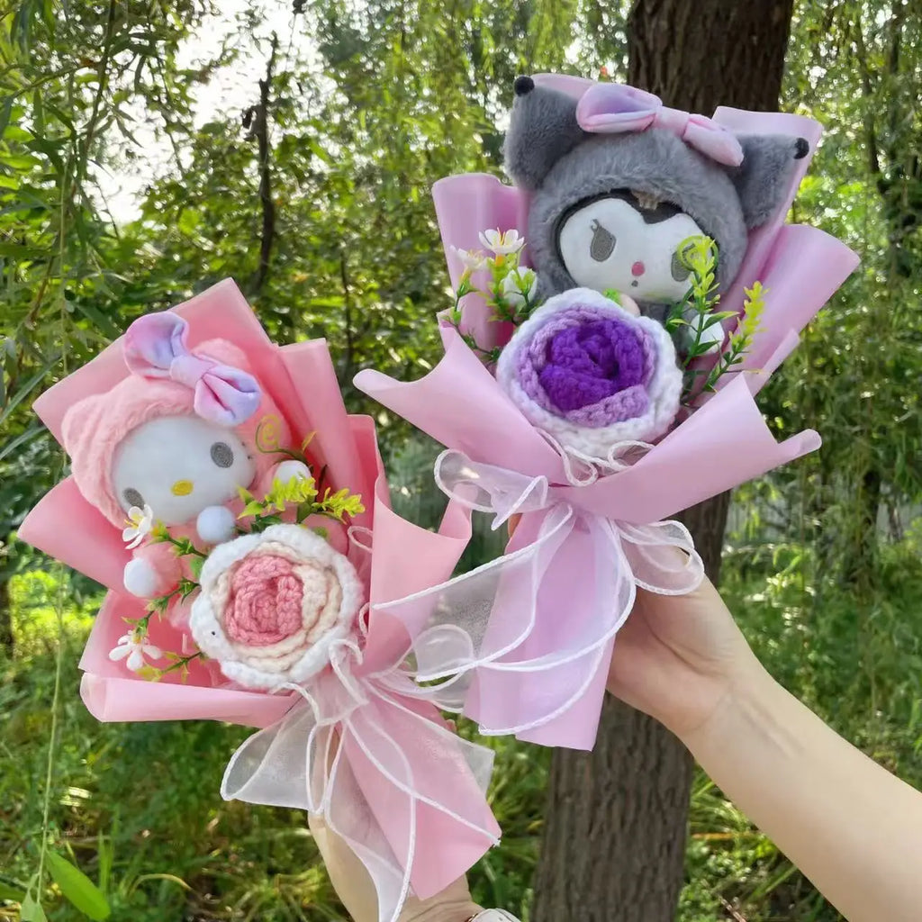 Kawaii Cat Plush Bouquet with Artificial Flowers — Cute Plush Doll Gift for Her, Valentine, Birthday, Graduation