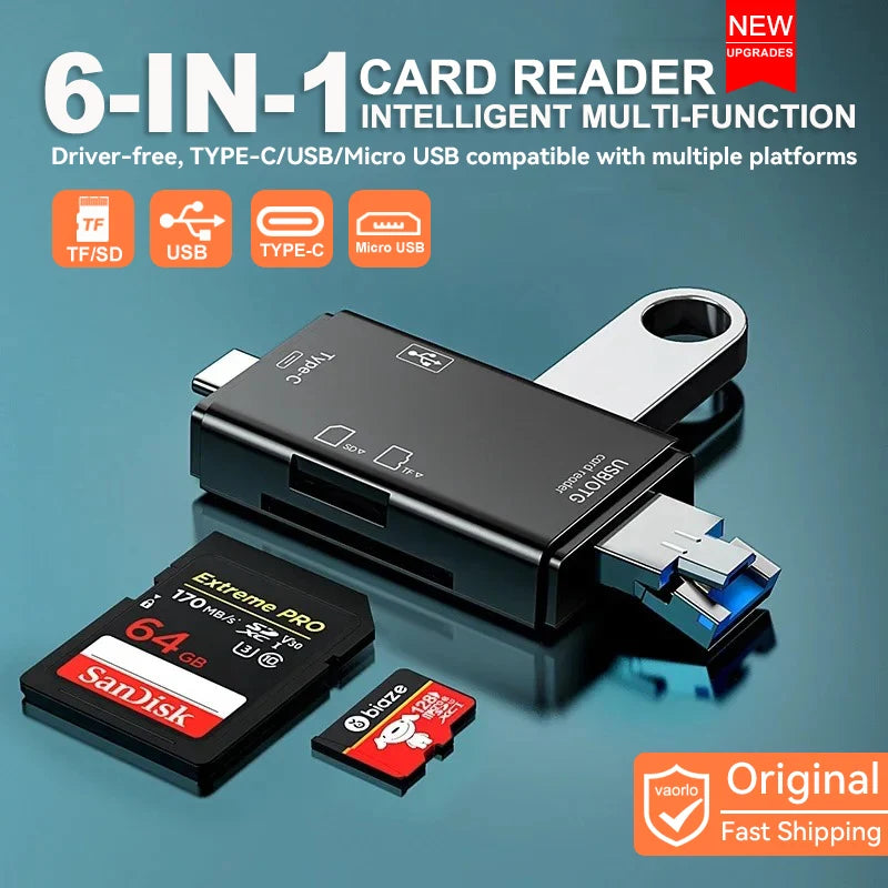 6-in-1 OTG Card Reader Adapter — Type-C & Micro USB for SD/TF Cards, High-Speed USB for Phone & Laptop