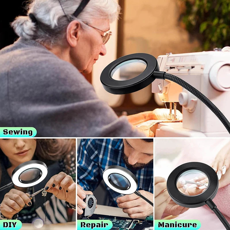 10X Magnifying Glass with 3.7 in (94 mm) Glass Lens LED Light — 3-Color Adjustable Desk Clamp Magnifier with Flexible Gooseneck for Reading, Nail Art & Crafts