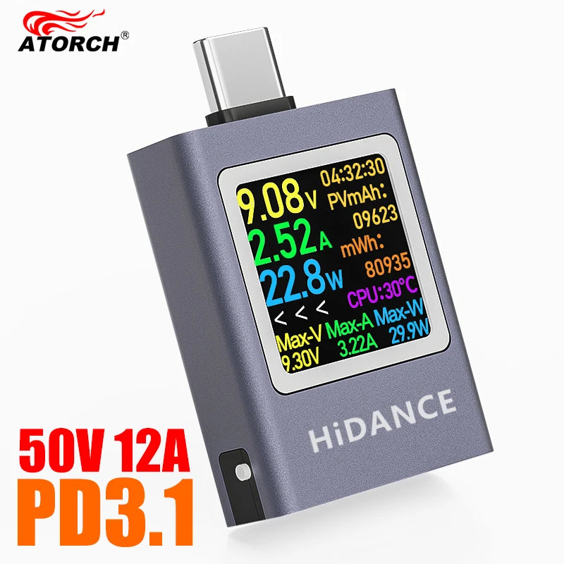 13-in-1 USB-C DC Power Meter Tester 4.5–50V 0–12A PD3.1 PPS QC Fast Charge Ammeter