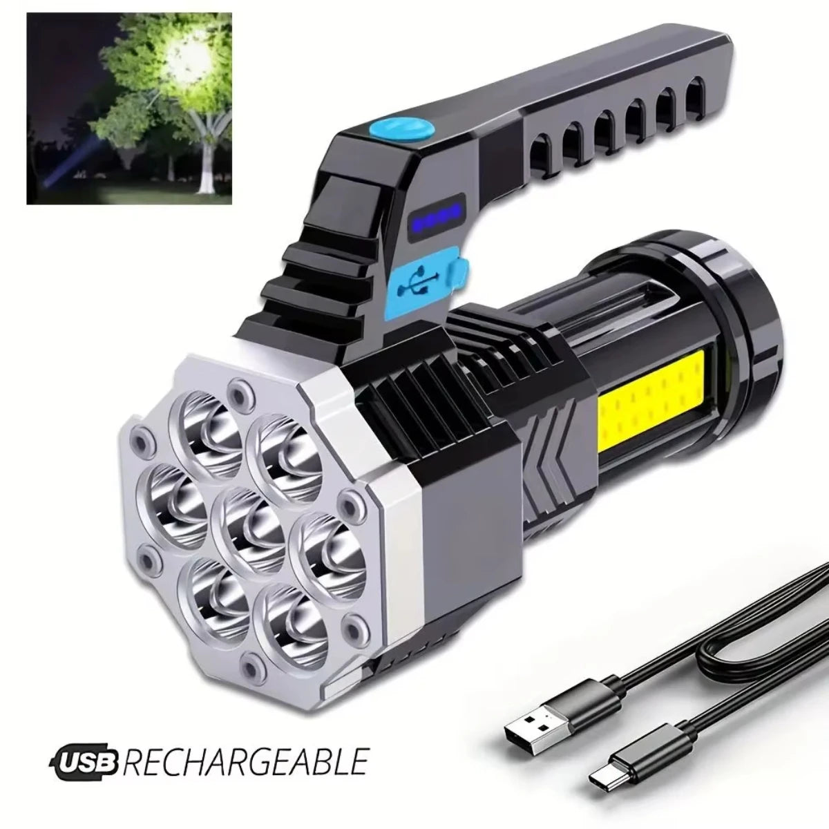 7-LED Rechargeable High-Power Flashlight with COB Side Light – USB Charging, Waterproof for Camping, Fishing & Hiking