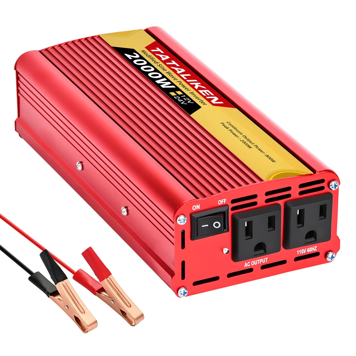2000W Car Power Inverter 12V DC to 110V/220V AC 60Hz with Dual USB Quick Charge Adapter - Red