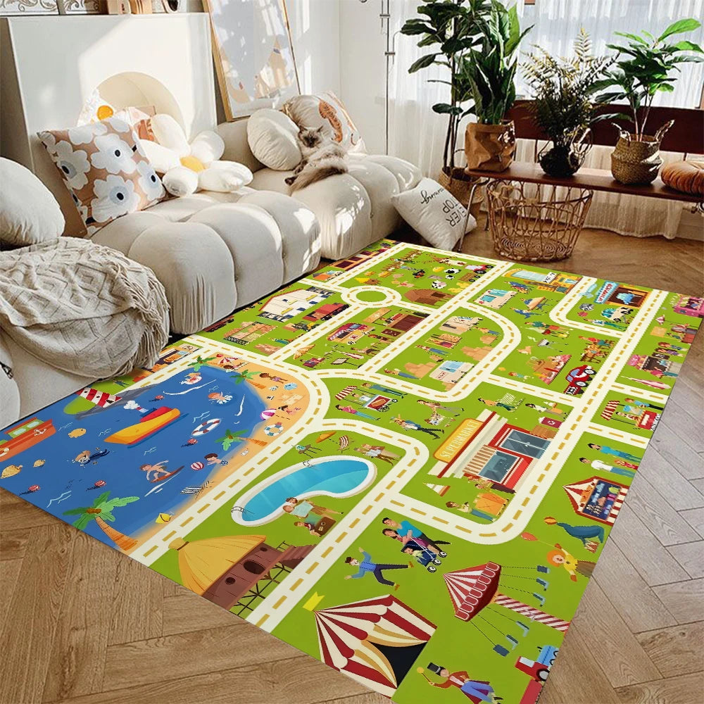 Kids Traffic Play Mat Rug — Non-Slip Highway Car Playmat for Boys & Girls, Flannel Play Rug for Playroom (40x60–120x160 cm / 16x24–47x63 in)