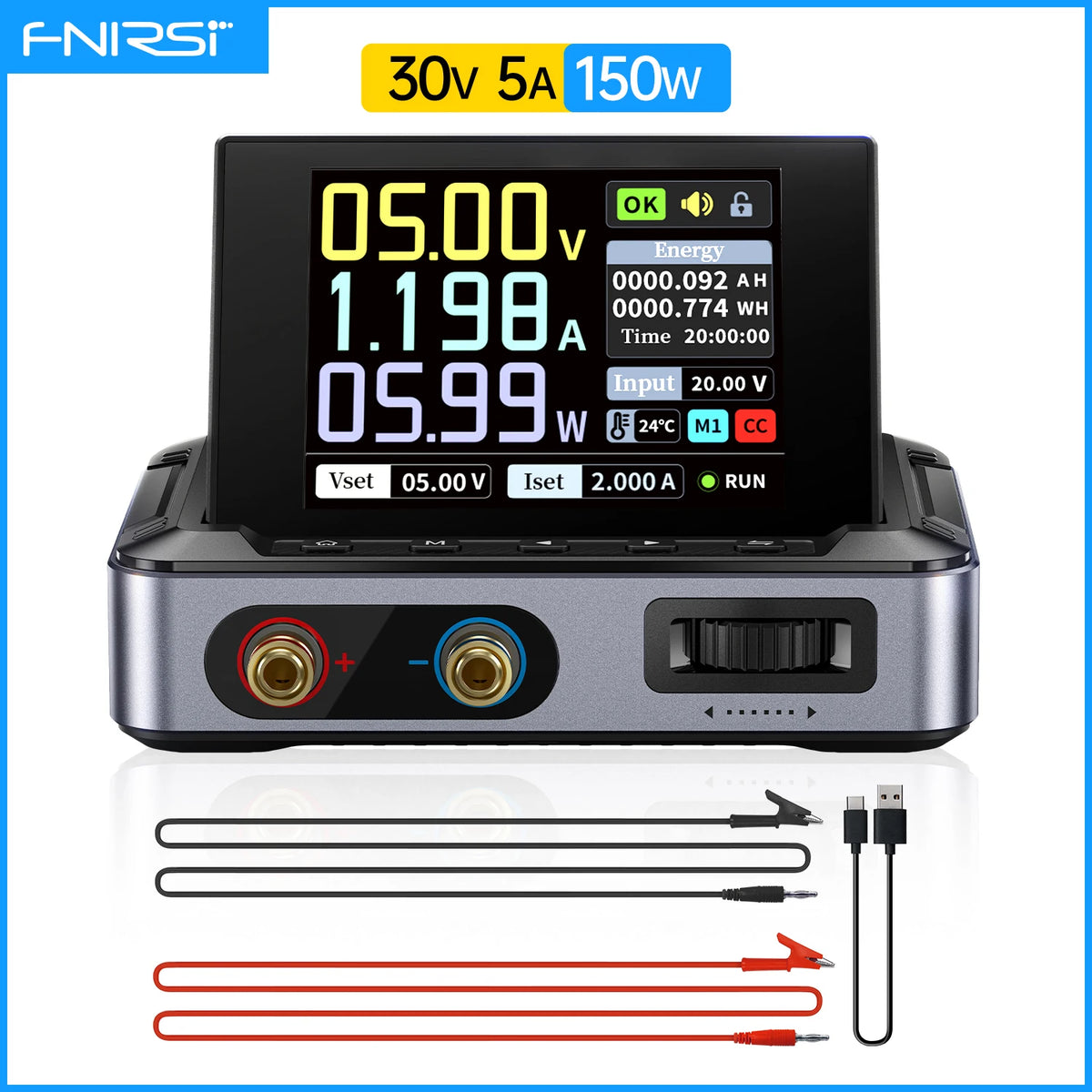 Adjustable DC Power Supply 0–30V 0–5A 150W Mini Digital Bench Regulator Portable 2.8-Inch (71 mm) Display for Lab & CNC