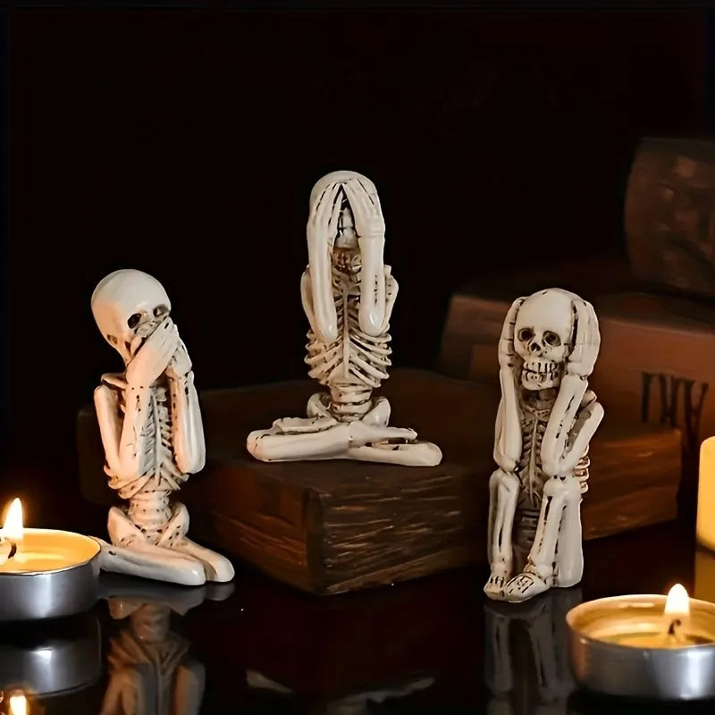 3-Pack Resin Tabletop Skeleton Decorations Art Deco Halloween Skull Figurines for Mantel & Desktop
