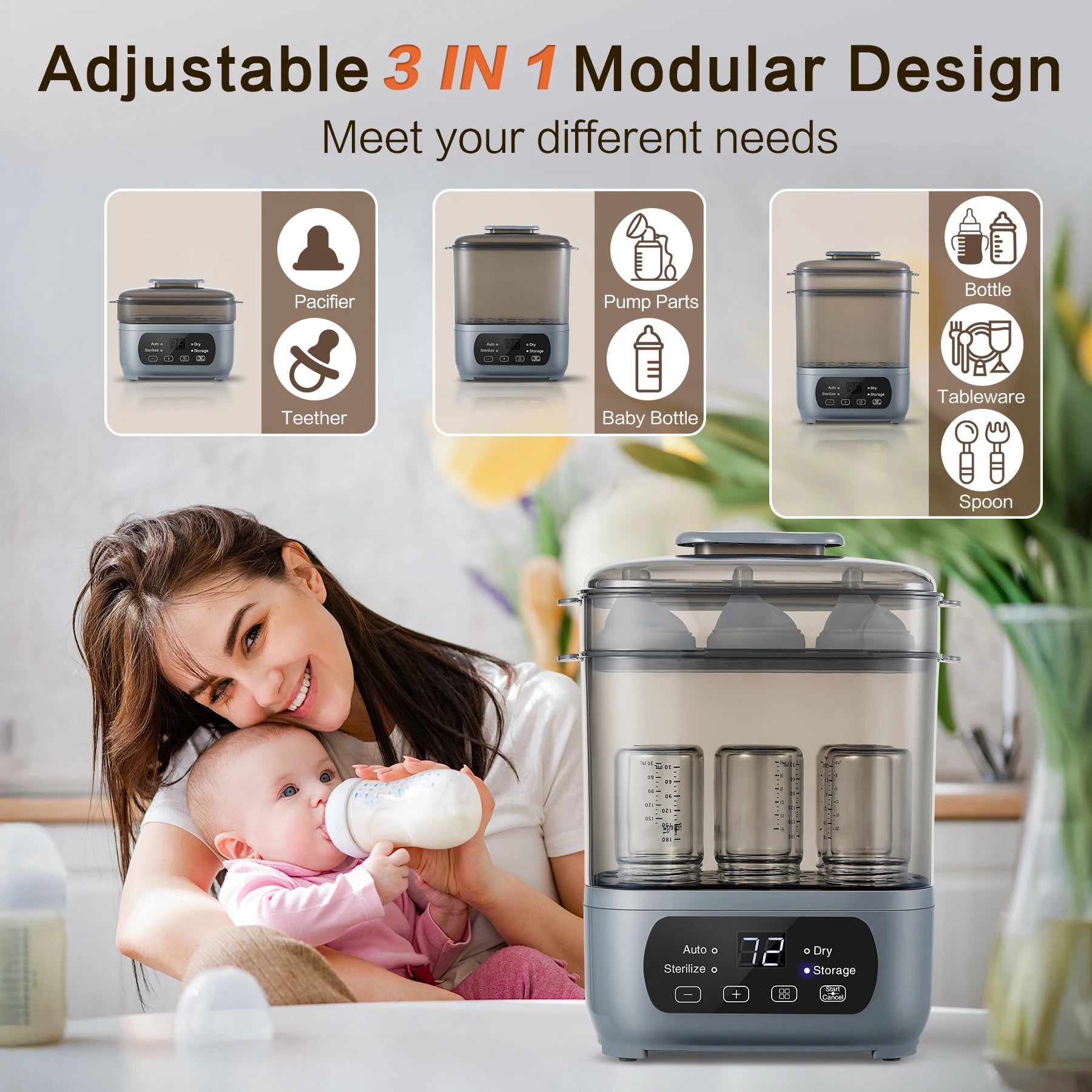 4-in-1 Baby Bottle Sterilizer & Dryer – 72H Sterile Storage, 30-Min Turbo Dry, Holds 6 Wide-Neck Bottles, 99.99% Germ-Free