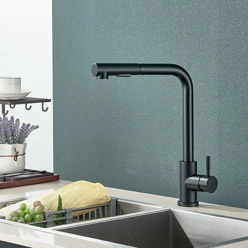 Matte Black Pull-Out Kitchen Faucet Flexible Spout 2 Modes Stream & Spray 304 Stainless Steel Deck-Mount Hot Cold Mixer
